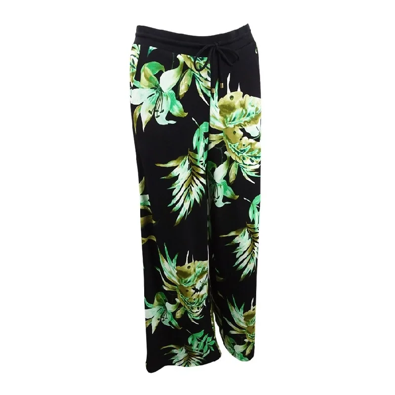 Lauren by Ralph Lauren Women's Wide-Leg Tropical-Print Jersey Pants (XS, Black)