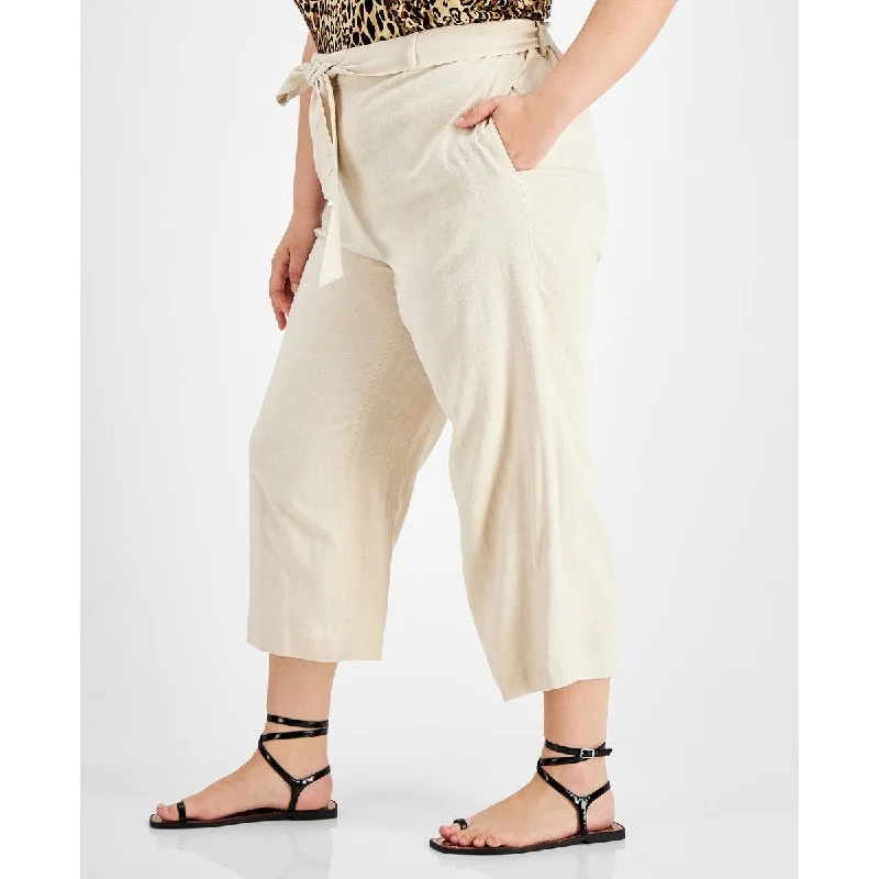 Bar Iii Women's High Rise Tie Waist Pants Brown Size 14W