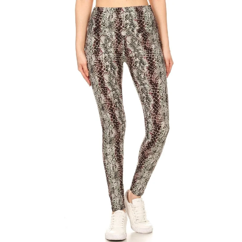 Yoga Style Banded Lined Snakeskin Printed Knit Legging With High Waist.