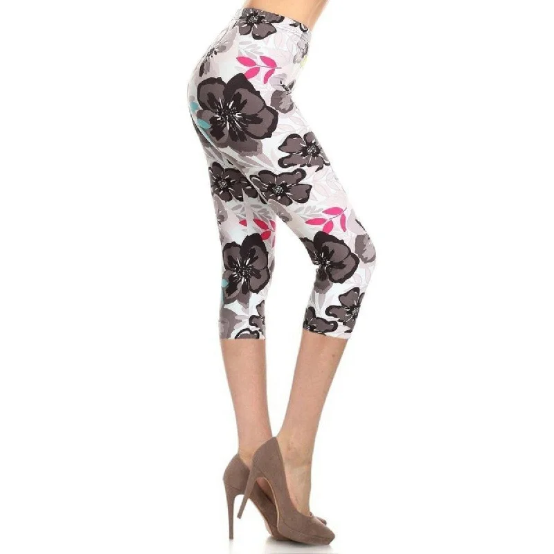 High Waisted Floral Printed Knit Capri Legging