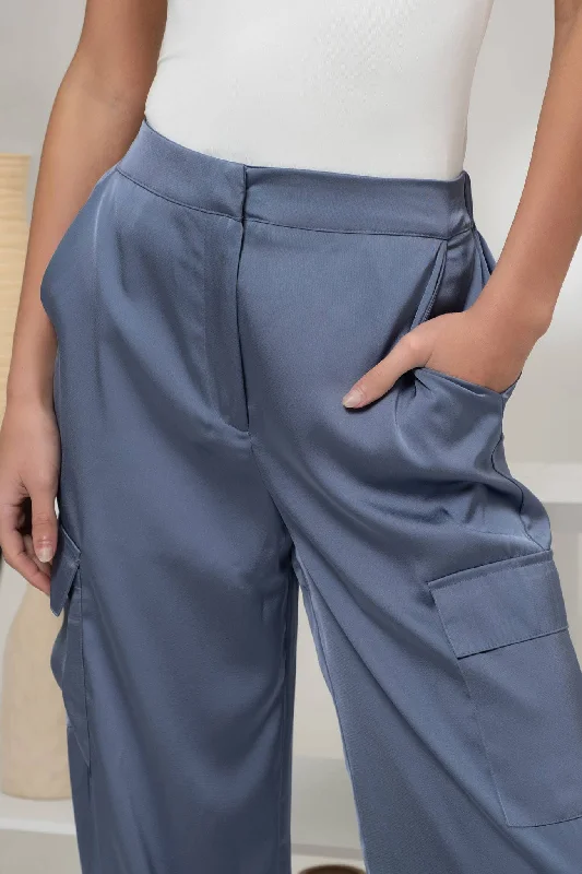 STAY SOPHISTICATED HIGH WAIST SATIN CARGO JOGGER PANTS IN DENIM BLUE