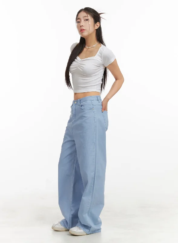 Solid Cotton Loose Fit Straight Jeans OA429