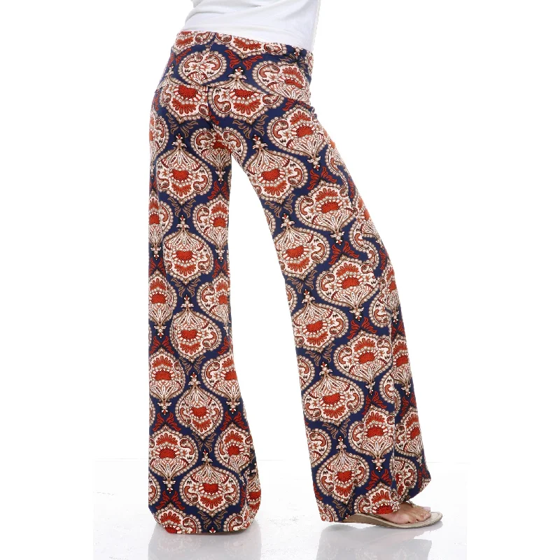 White Mark Women's Orange and Navy Damask Palazzo Pants