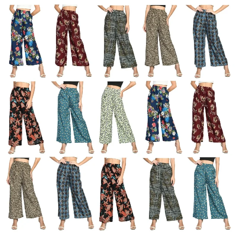 Womens Palazzo Pants 4Pack Soft Cotton Blend Wide Leg Comfort Printed