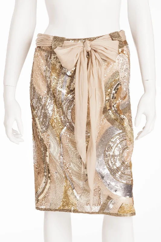 Valentino - IT 40 ,New Cream, Gold and Silver Sequin Pencil Skirt with Chiffon Belt -