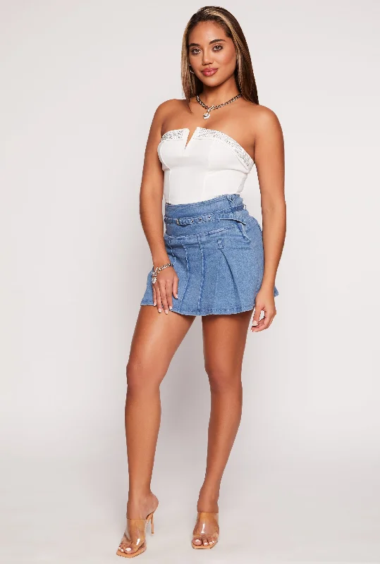 Belted Denim Pleated Mini Skirt