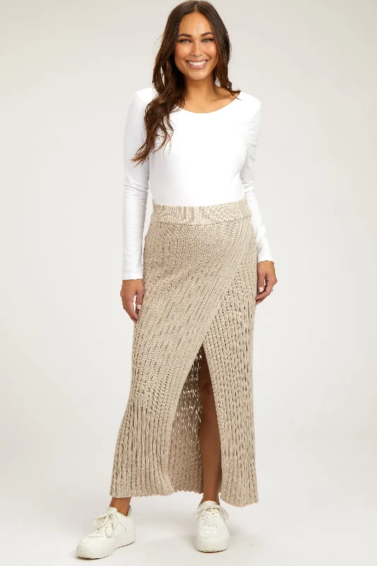 Beige Ribbed Knit Wrap Maternity Maxi Skirt