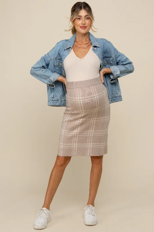 Taupe Knit Plaid Fitted Maternity Skirt