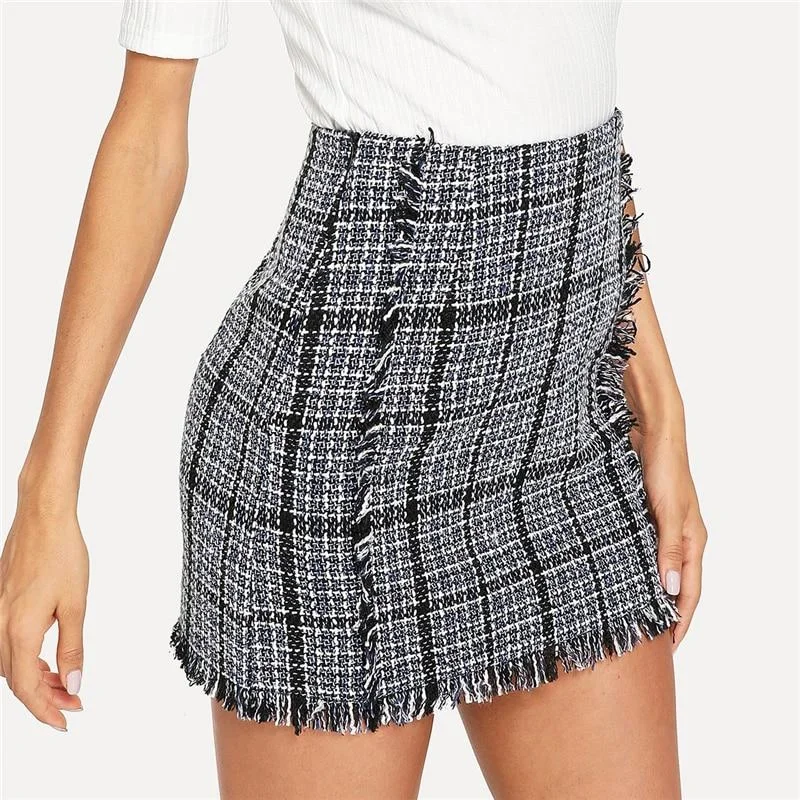 Frayed Trim Plaid Tweed Skirt