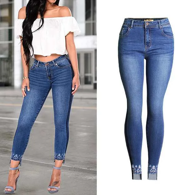 European Style High Waist Stretch Denim Slim Embroidered Jeans