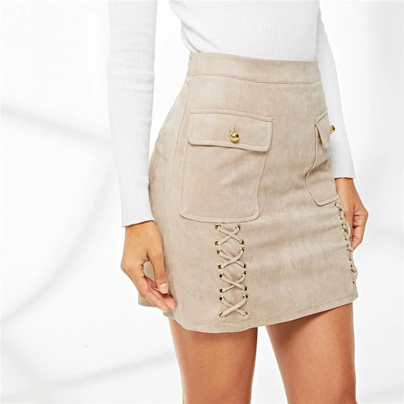 Dual Flap Grommet Crisscross Suede Skirt