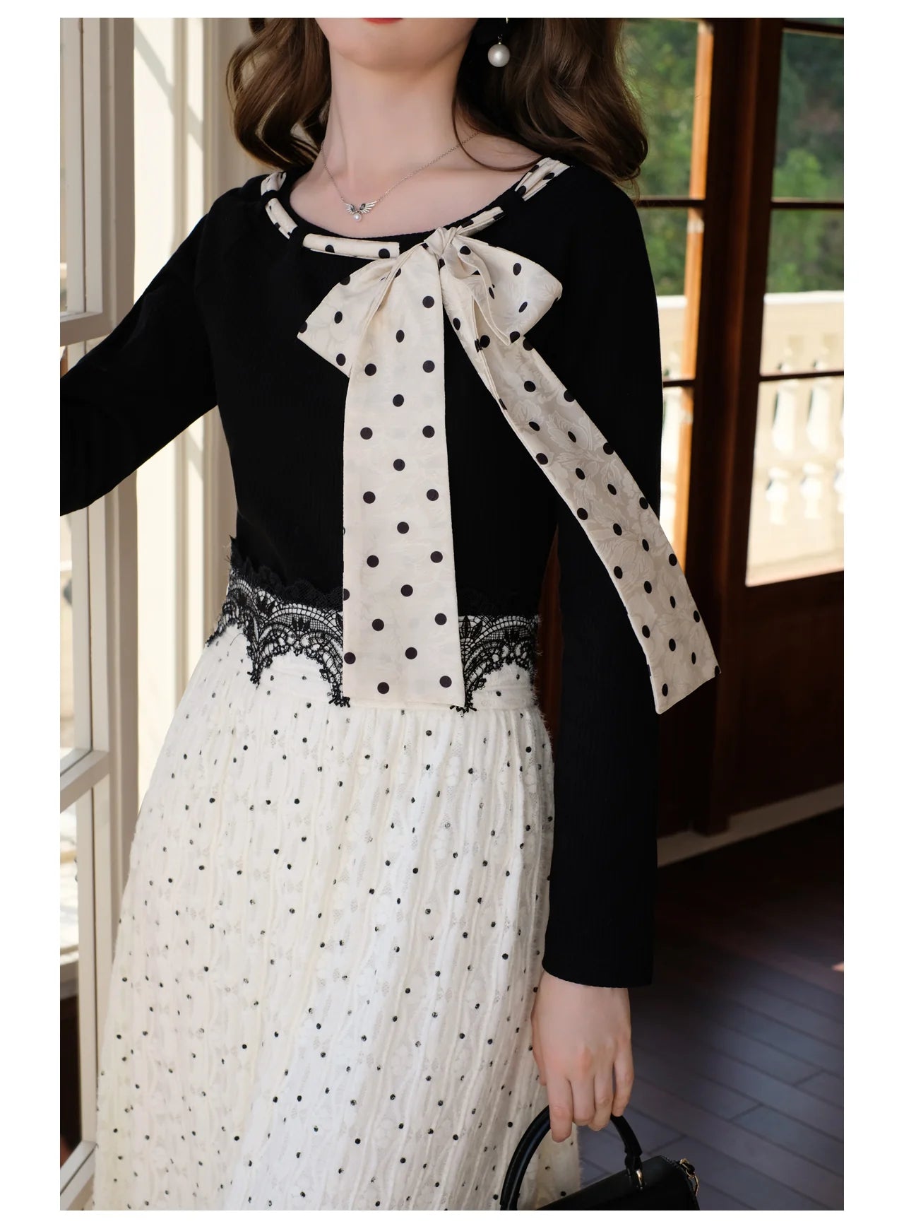 Retro Dot Bow Tie Knit Top & Skirt