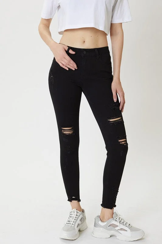 Mid Rise Black Distressed Skinny Jeans