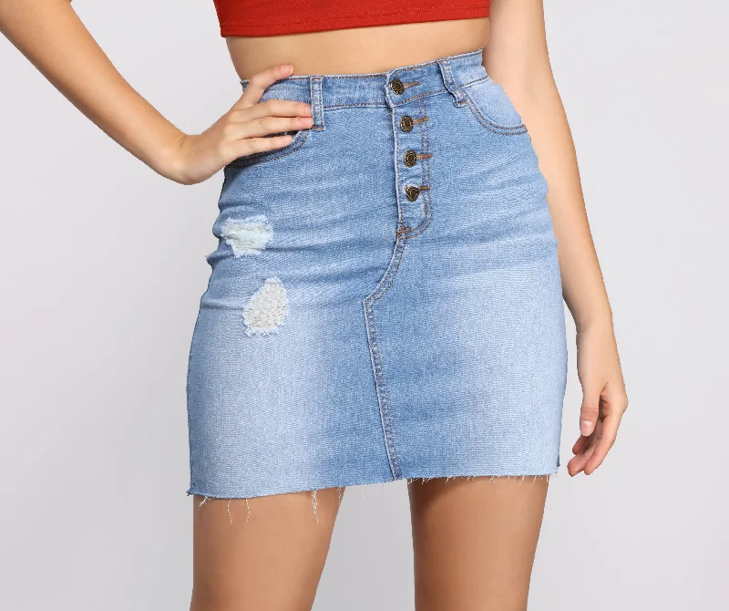 Button Up Raw Hem Denim Mini Skirt