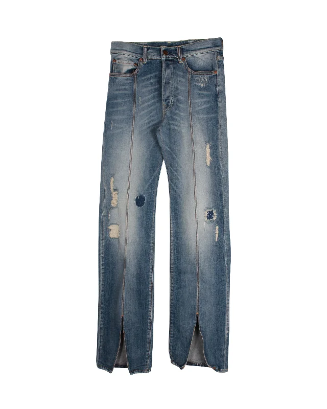 Off-White Distressed Straight Leg Denim Jeans in Blue Cotton