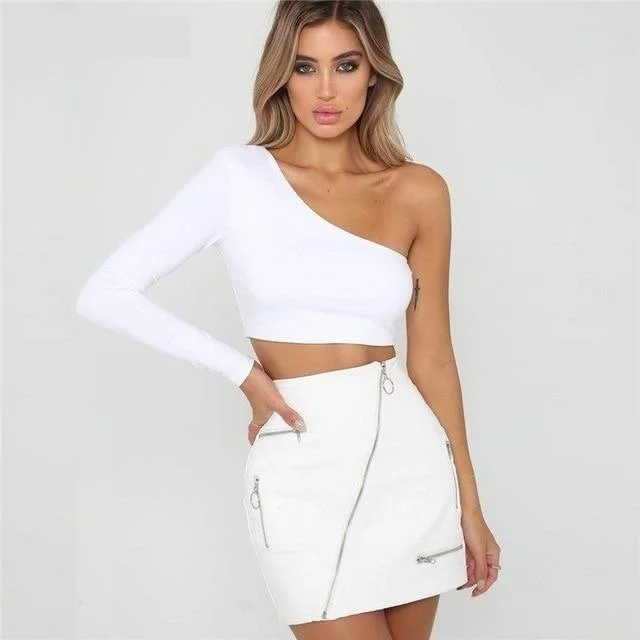 Women's Skinny Long Sleeve One Shoulder Summer Slim CropTops