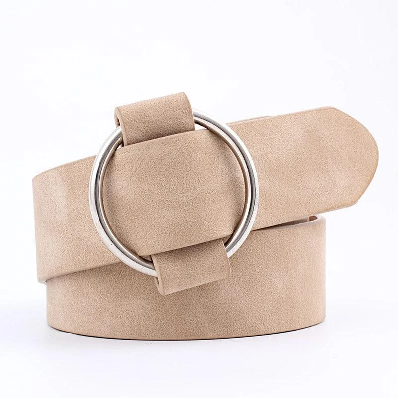 Women's Leather Strap Round Metal Buckle Belt for Jeans without Pin