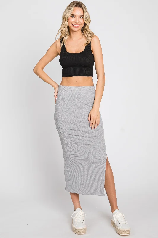 Heather Grey Ribbed Side Slit Midi Skirt