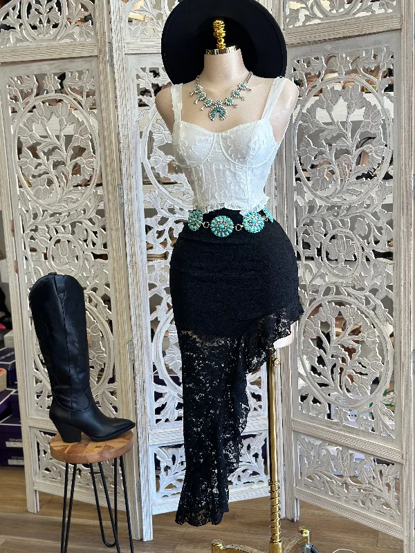 Asymmetrical Black Lace Skirt- Estira, Stretchy