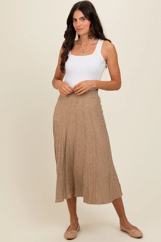 Mocha Ribbed Knit A-Line Midi Skirt