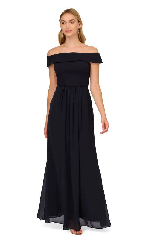 Adrianna Papell - Off The Shoulder Crepe Chiffon Gown With Soft Skirt In Midnight