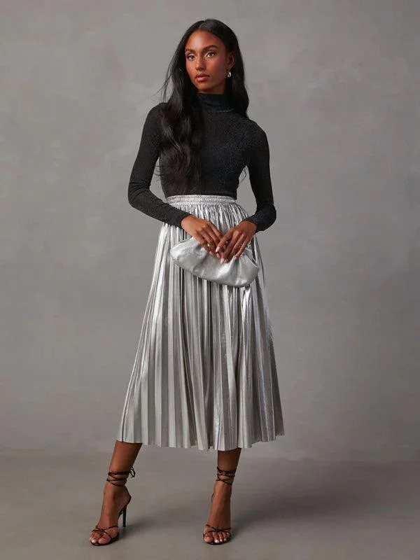 Shiny Pleated High-waisted A-line Plisse Skirt