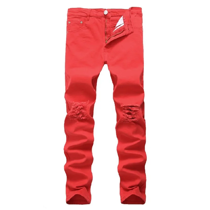 Ripped Holes Elasticity Stretch Biker Denim Jeans Pants for Men