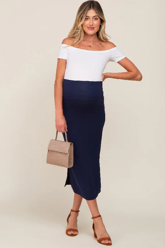 Navy Blue Side Slit Maternity Midi Skirt