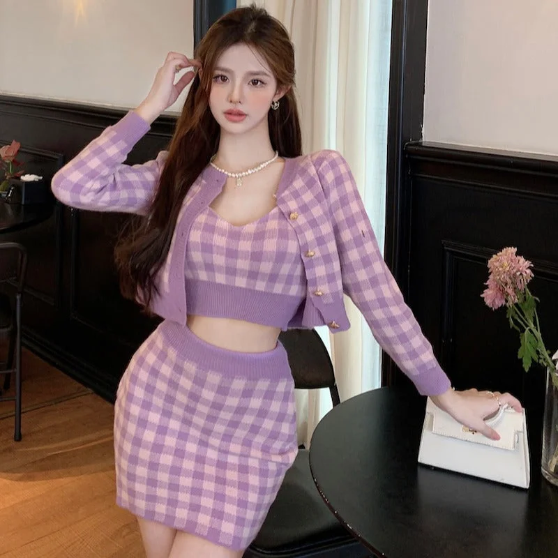 Plaid sweater skirt three-piece set yv31631