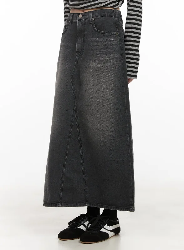 Washed Denim Back Slit Maxi Skirt CD430