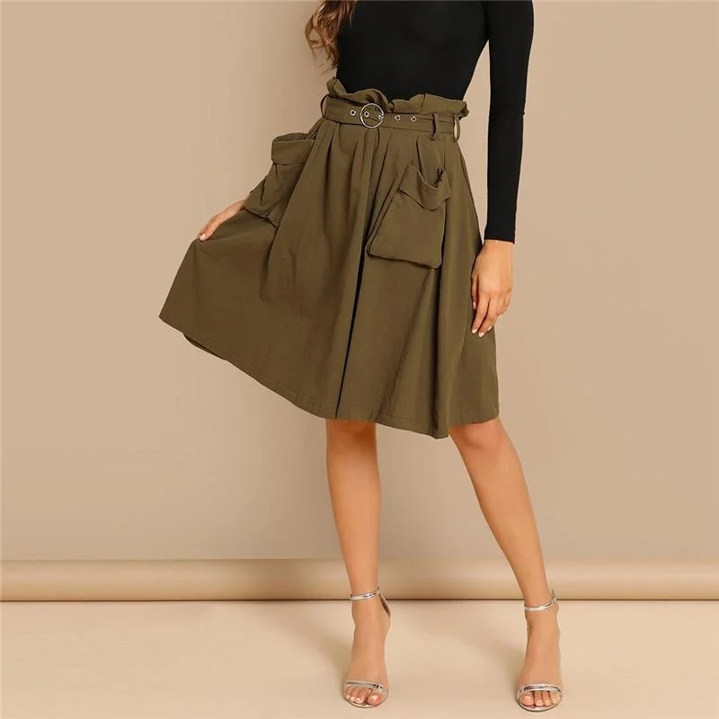 Waist Belted Pleated Pocket Skirt