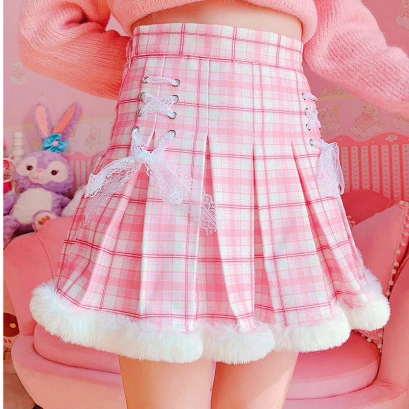 Pink and white plaid pleated skirt YV43619