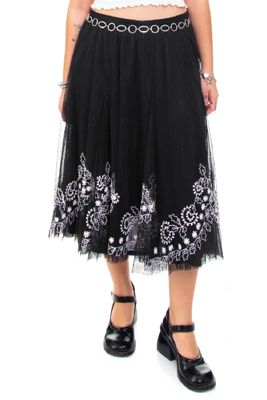 Vintage Y2K B&W Floral Embroidered Maxi Tuelle Skirt - L