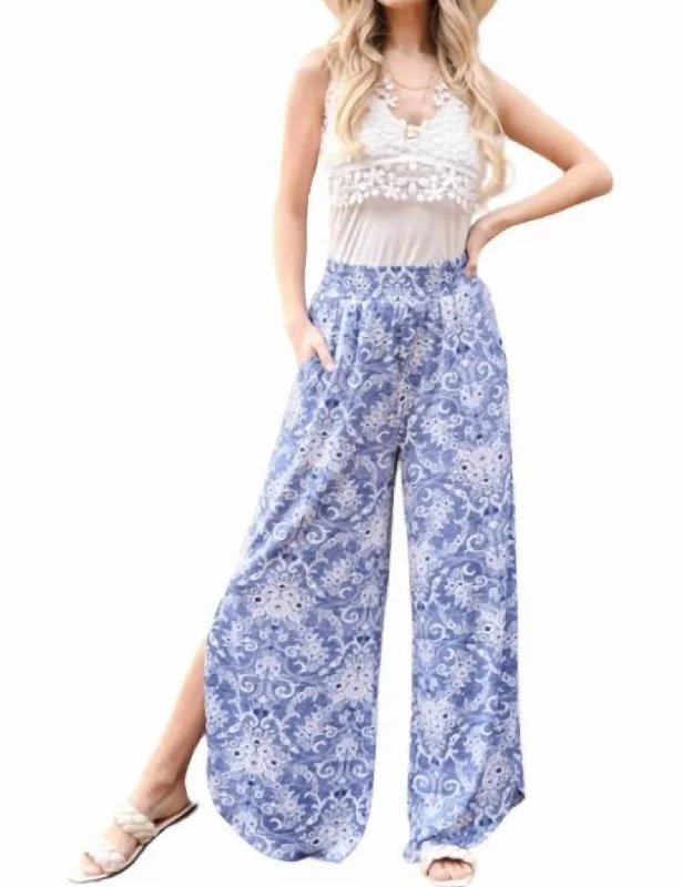 Smocked Floral Side Slit Pants In Blue