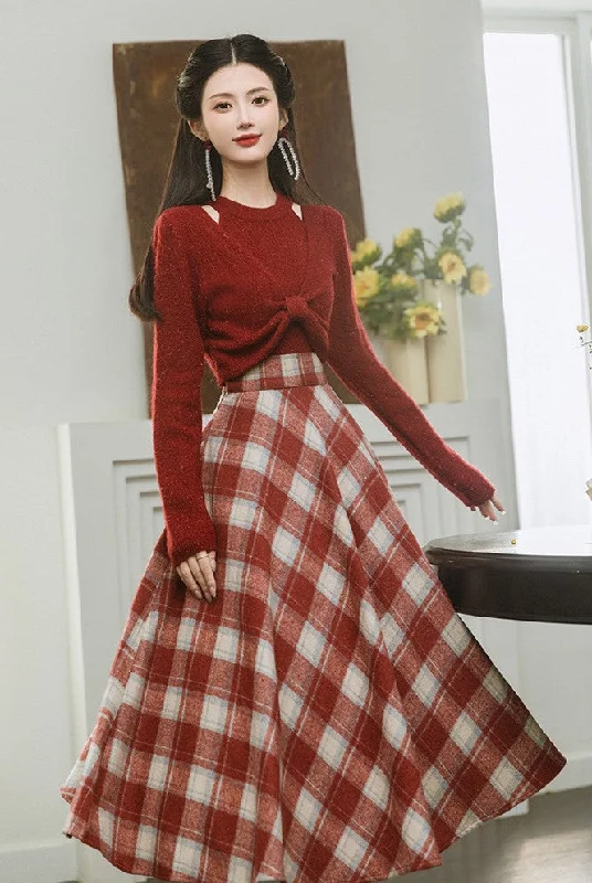 Academia Knit Top Plaid Skirt Set