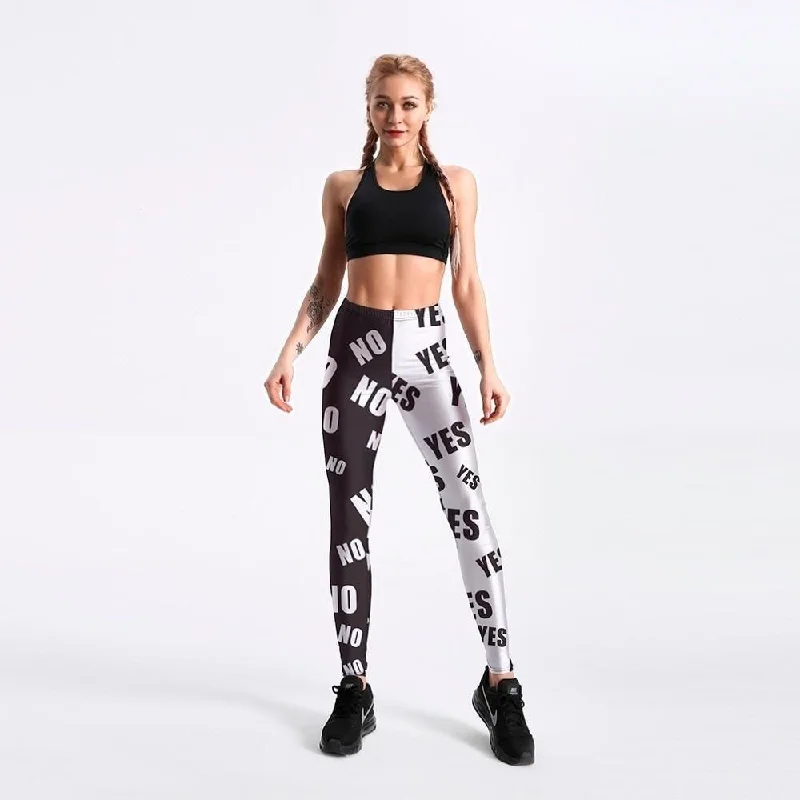 Women's White & Black Letter Yes & No Printed Skinny Leggings