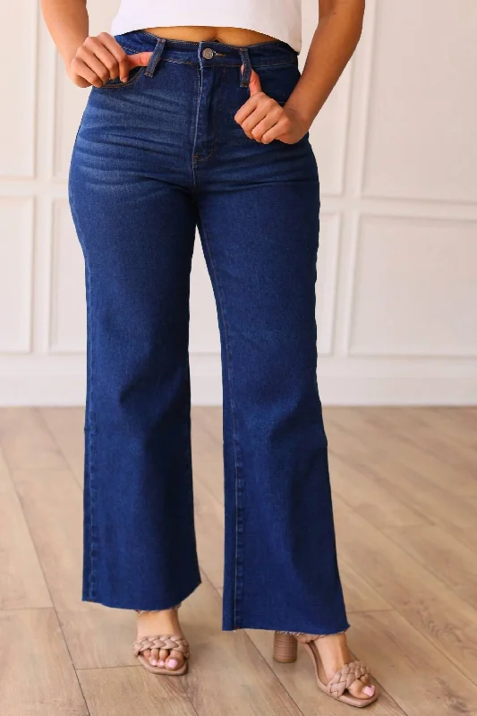 The Dakota High Rise Wide Leg With Fray Hem Denim In True Blue