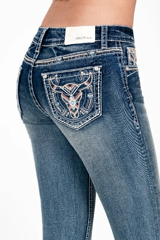 Steer Head Colorful Embroidery Mid Rise Embellished Women's Bootcut Jeans