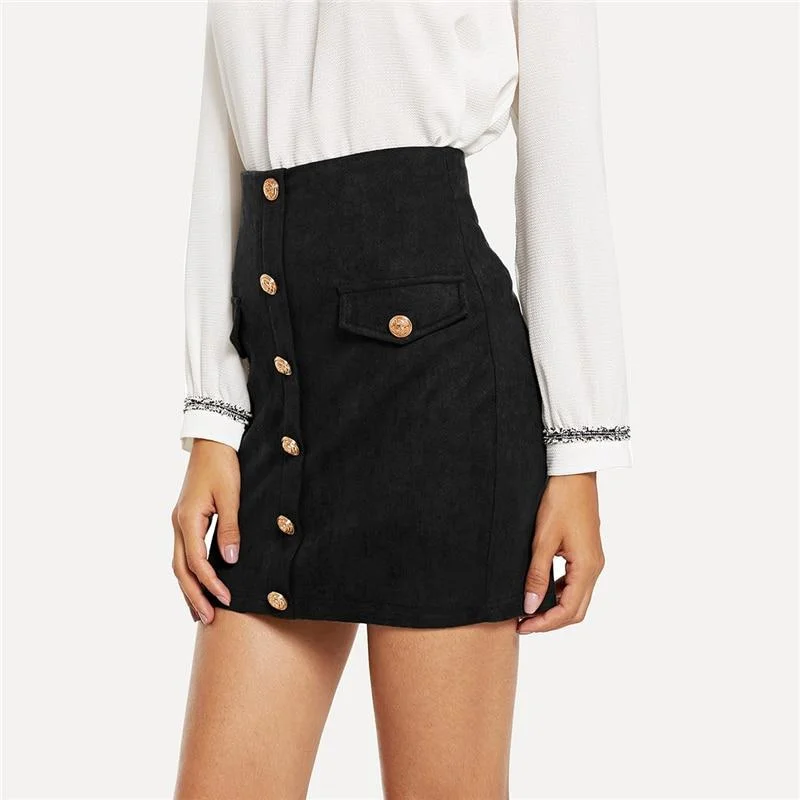 Button & Pocket Front Bodycon Skirt