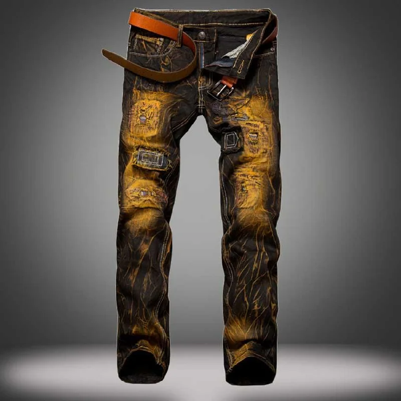 Biker Classical Europe Retro Straight Gold Color Punk Jeans for Men