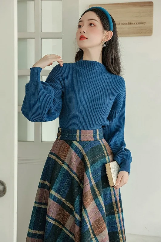 Vintage Style Knit Top Plaid Skirt Set