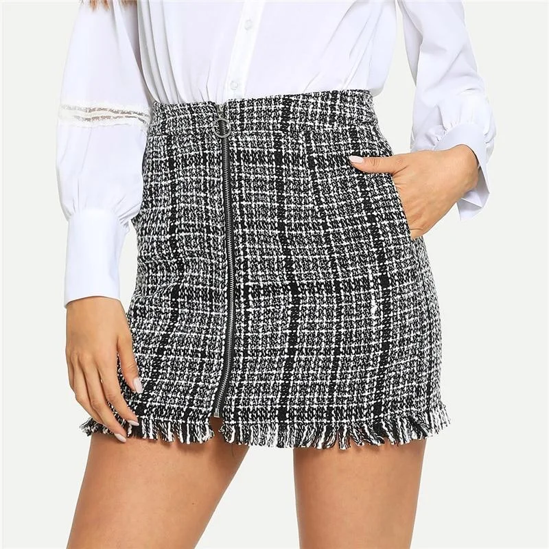 Frayed Tweed Zipper Skirt