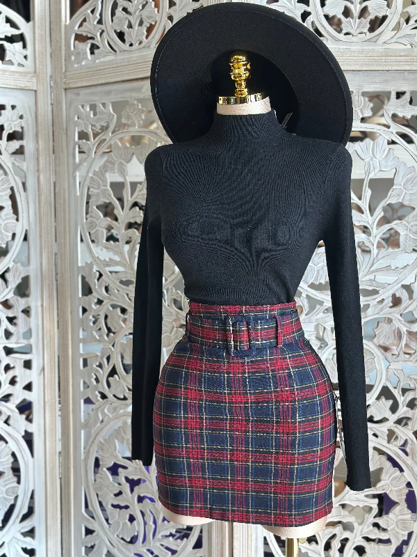 Red plaid Mini Skirt with Thick Belt