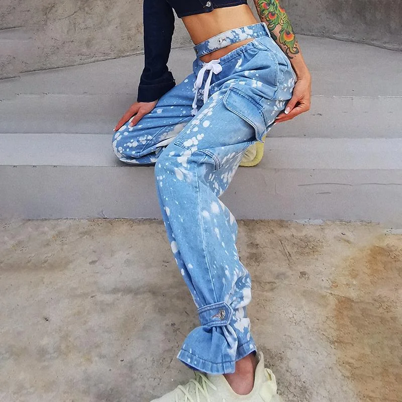 Women's High Waist Hollow Out Lace Up Jeans Streetwear Leg Pants