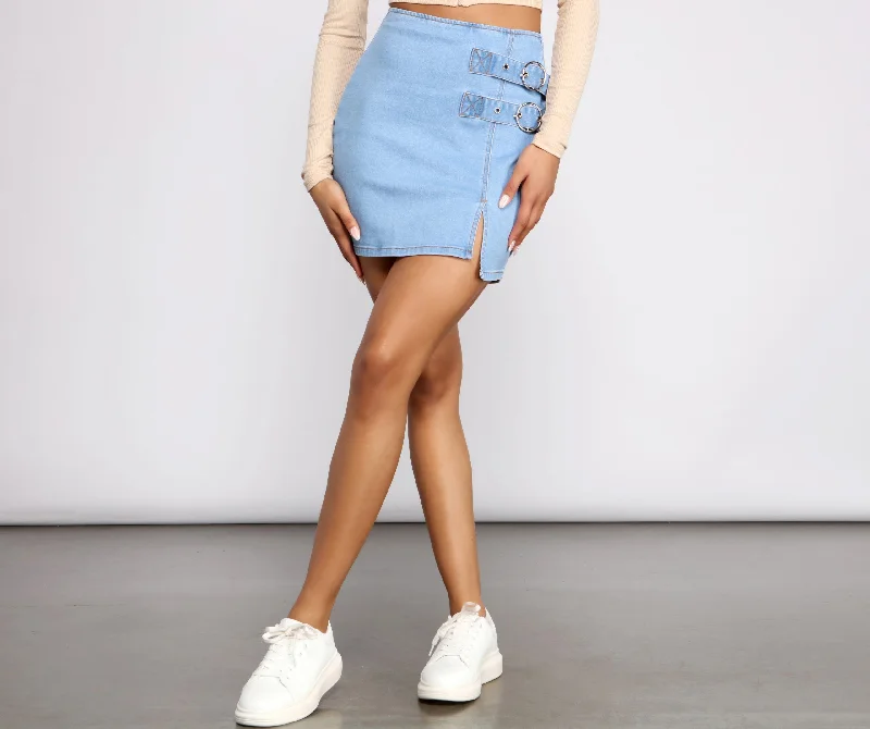 Double Buckle Denim Mini Skirt