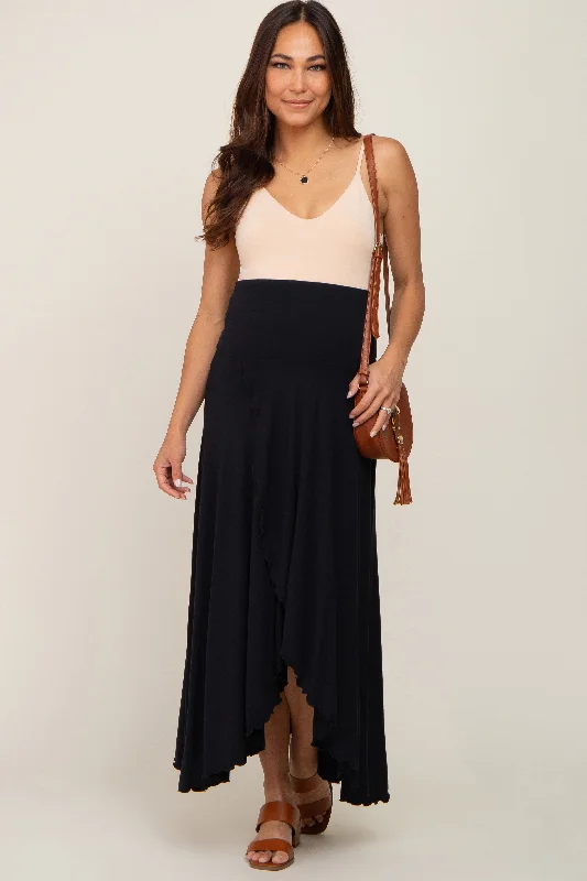 Black Hi-Lo Lettuce Hem Maternity Maxi Skirt