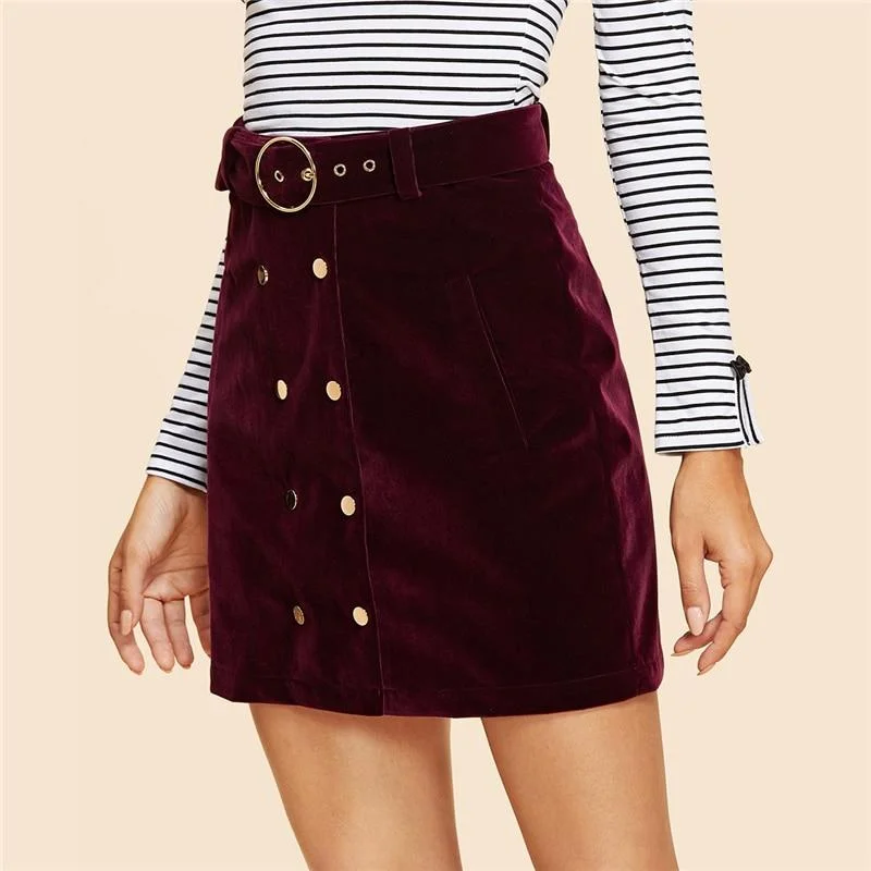 Double Button Belted Velvet Skirt