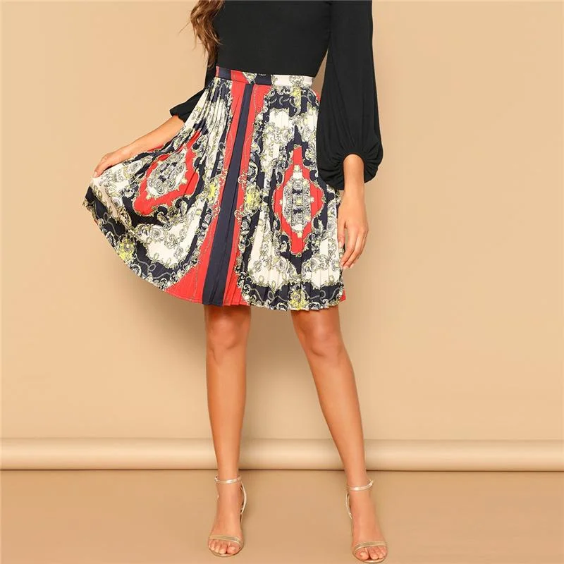 Vintage Scarf Print Pleated Skirt