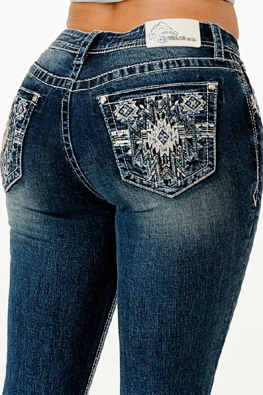 Aztec Embellished Mid Rise Bootcut Jeans