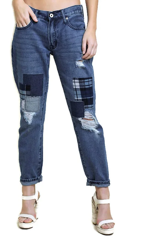 Distressed Patchwork Boyfriend Jean In Dark Denim